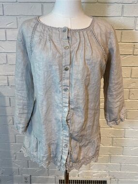 Tempo Paris Cream Button-Front 100% Linen Lace Trim Blouse Womens M